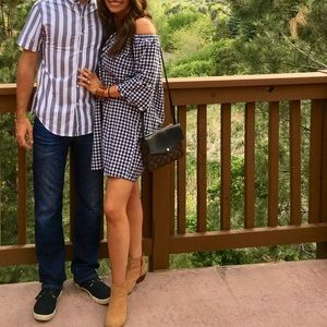 Navy White Gigham Optional Off The Shoulder Dress